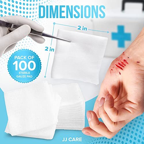 JJ CARE Sterile Gauze Pads 3" x 3" (Pack of 100), 12-Ply Cotton Gauze Pads, Individually-Wrapped Sterile Gauze Sponges, 100% Woven, Non-Stick Medical Gauze Pads for First Aid Kit & Wound Care