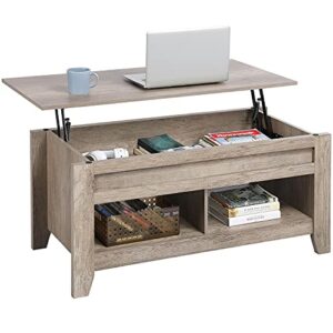 yaheetech lift top coffee table, coffee table with hidden storage compartment & lower shelf, 41in center table for living room, office, grey