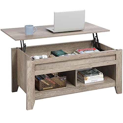 Yaheetech Lift Top Coffee Table, Coffee Table with Hidden Storage Compartment & Lower Shelf, 41in Center Table for Living Room, Office, Grey