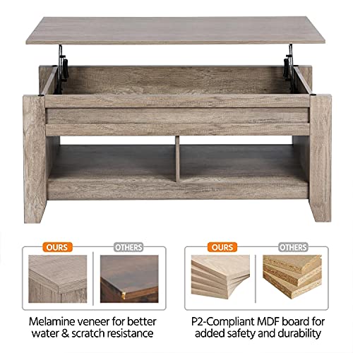 Yaheetech Lift Top Coffee Table, Coffee Table with Hidden Storage Compartment & Lower Shelf, 41in Center Table for Living Room, Office, Grey