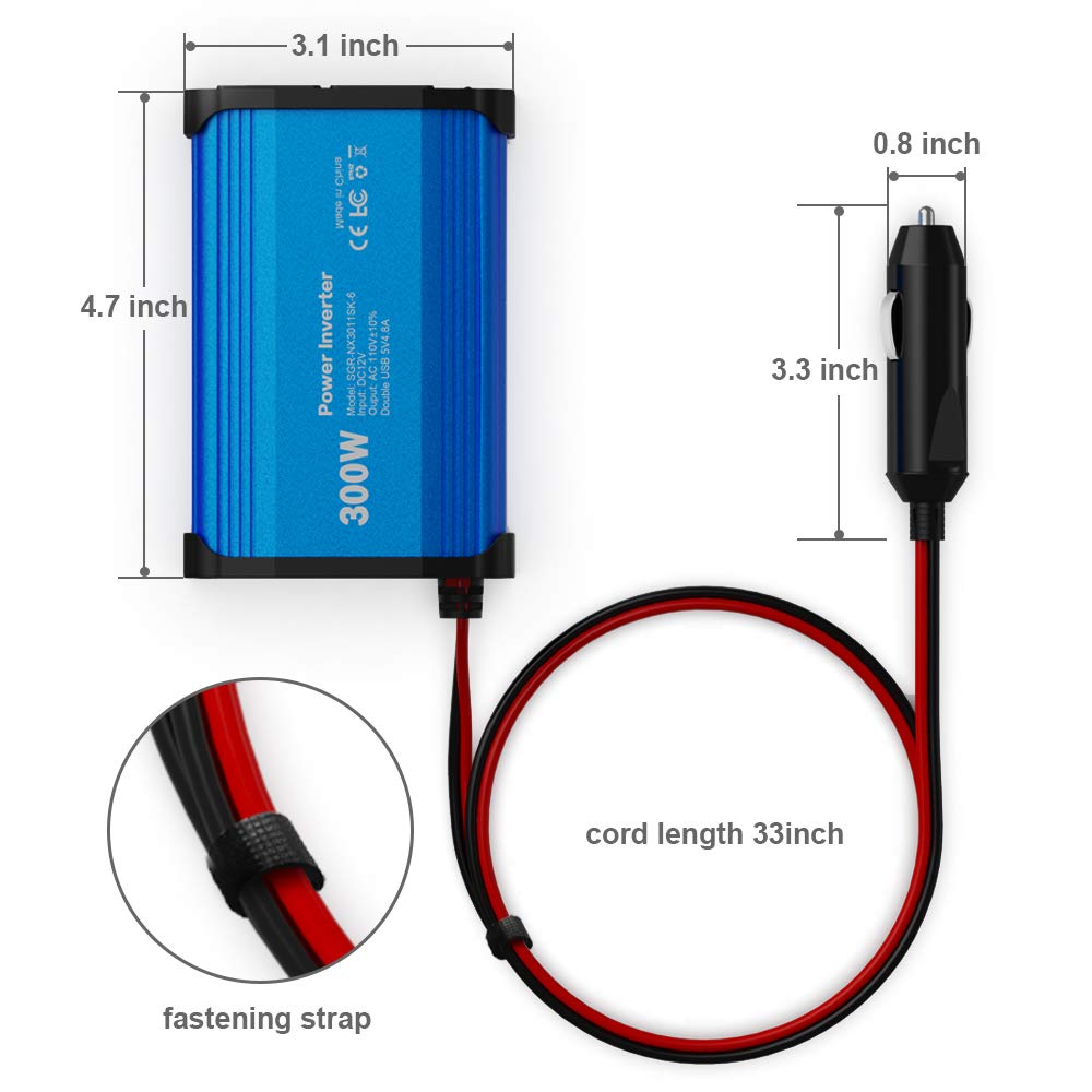 Upgraded 300W Power Inverter, DC 12V to 110V AC Car Power Converter with 4.8A Dual USB Ports Car Charger Adapter (Red) 1