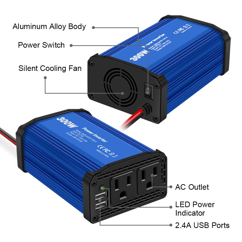 Upgraded 300W Power Inverter, DC 12V to 110V AC Car Power Converter with 4.8A Dual USB Ports Car Charger Adapter (Red) 1