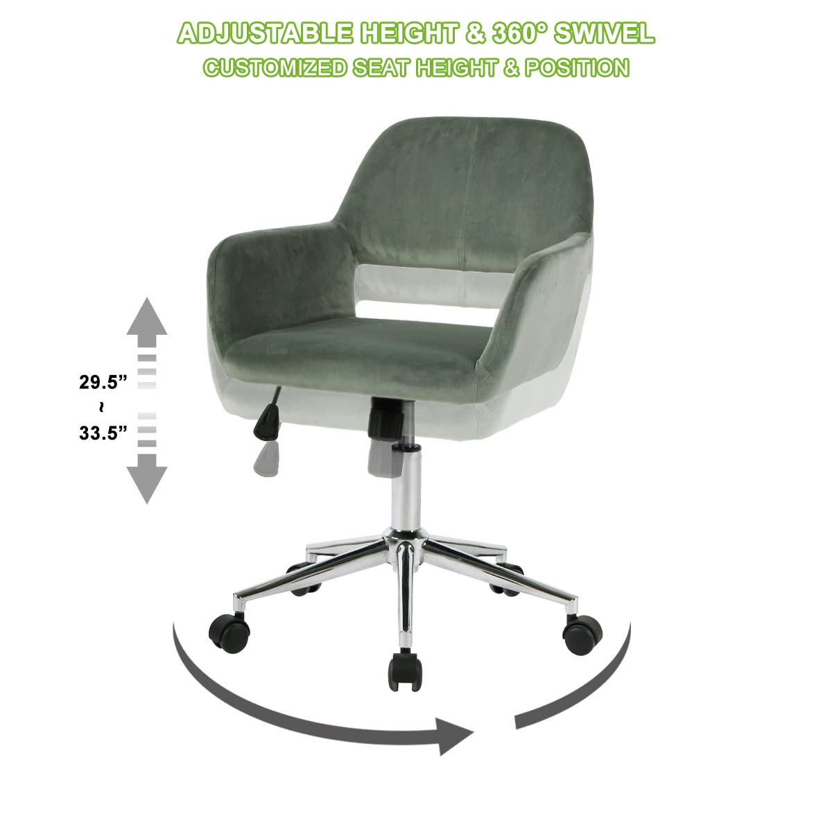 Geniqua Cactus Green Velvet Office Chair Swivel Task Chair Adjustable Mid Height Casters Rolling Computer Chair Modern for Home Office