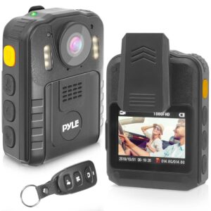 pyle police security video body camera - hd 2304x1296p 36mp rechargeable wireless waterproof wearable law enforcement surveillance cam, audio video recording, night vision, motion detector ppbcm92