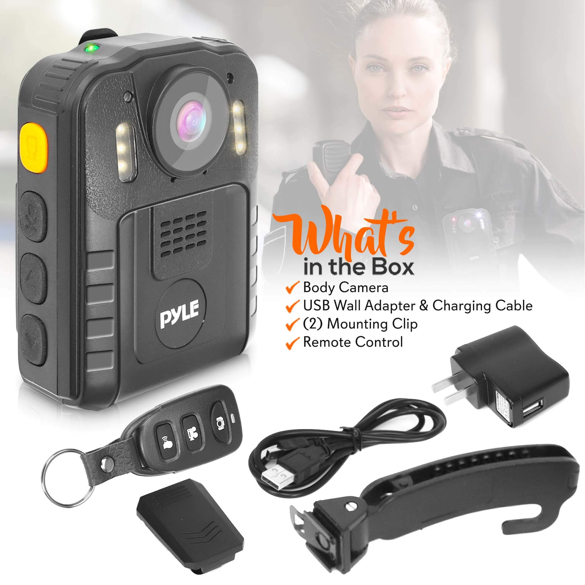 Pyle Police Security Video Body Camera - HD 2304x1296p 36MP Rechargeable Wireless Waterproof Wearable Law Enforcement Surveillance Cam, Audio Video Recording, Night Vision, Motion Detector PPBCM92