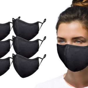 Simlu 6 Pack Premium Fabric Face Mask Reusable with Adjustable Elastic, 2 Layer,Cotton, Breathable, Nose Wire Black Cloth face Mask Washable Fits Men Women and Kids Made In USA