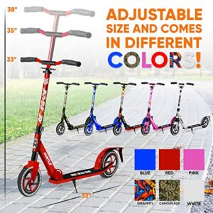 Hurtle Renegade Kick Scooters for Kids Teenagers Adults- 2 Wheel Kids Scooter with Adjustable T-Bar Handlebar - Alloy Anti-Slip Deck - Portable Folding Scooters for Kids with Carrying Strap