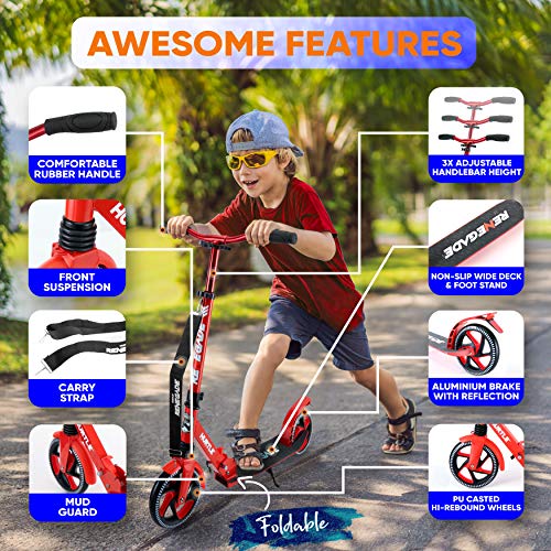 Hurtle Renegade Kick Scooters for Kids Teenagers Adults- 2 Wheel Kids Scooter with Adjustable T-Bar Handlebar - Alloy Anti-Slip Deck - Portable Folding Scooters for Kids with Carrying Strap