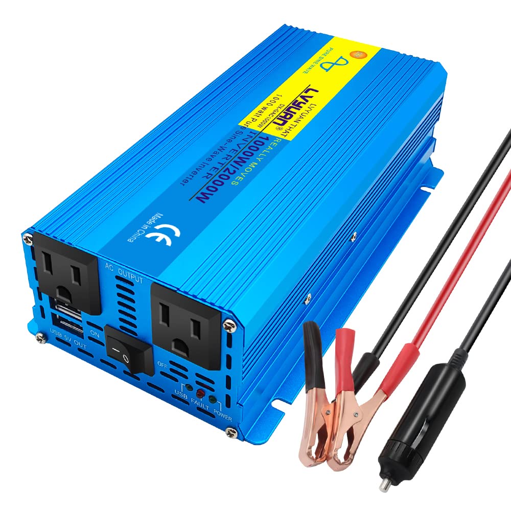 LVYUAN 1000W Pure Sine Wave Power Inverter DC 12V to 110V AC Converter with Dual AC Outlets Comapct Size and Daul 3.1A USB Car Charger for Car Home Laptop