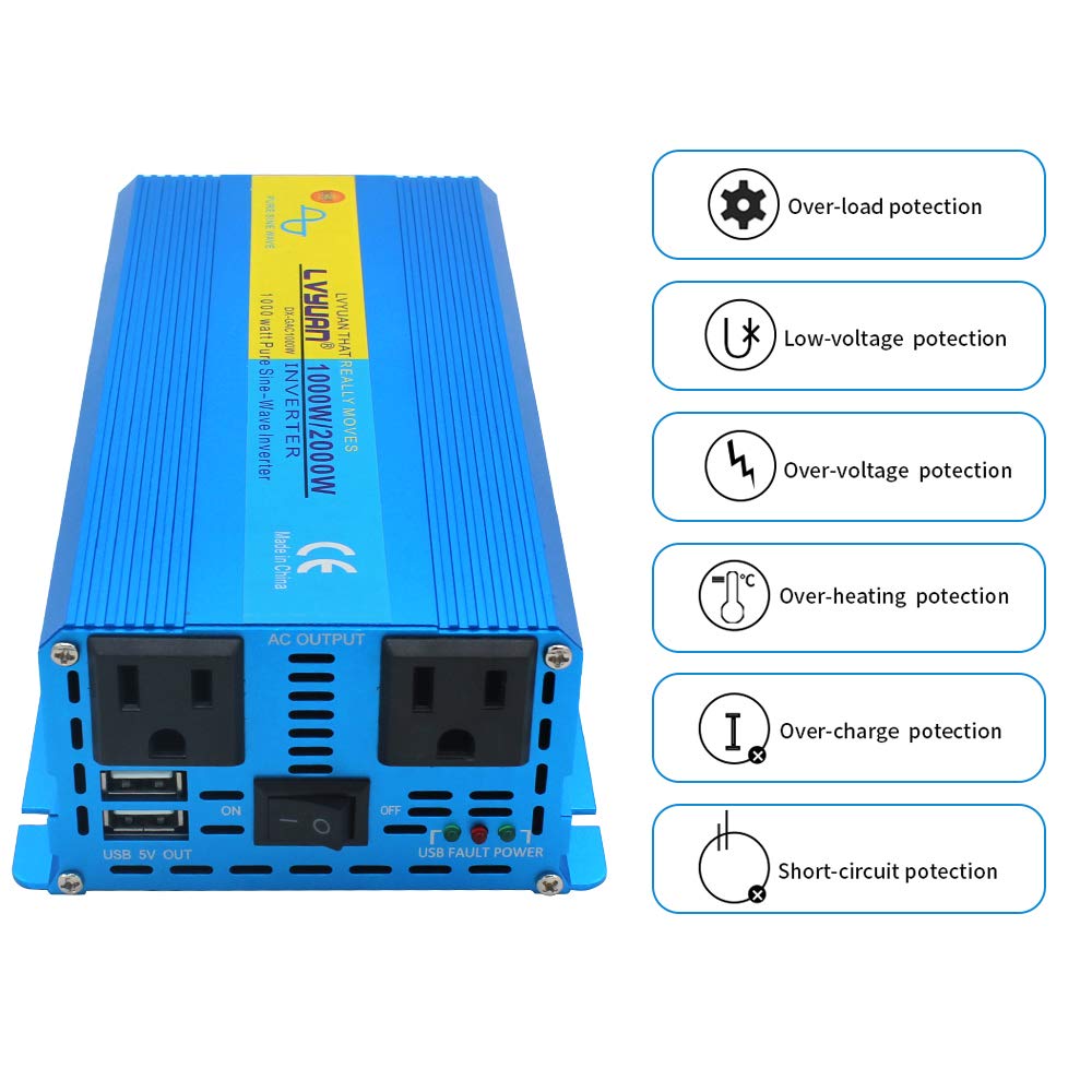 LVYUAN 1000W Pure Sine Wave Power Inverter DC 12V to 110V AC Converter with Dual AC Outlets Comapct Size and Daul 3.1A USB Car Charger for Car Home Laptop