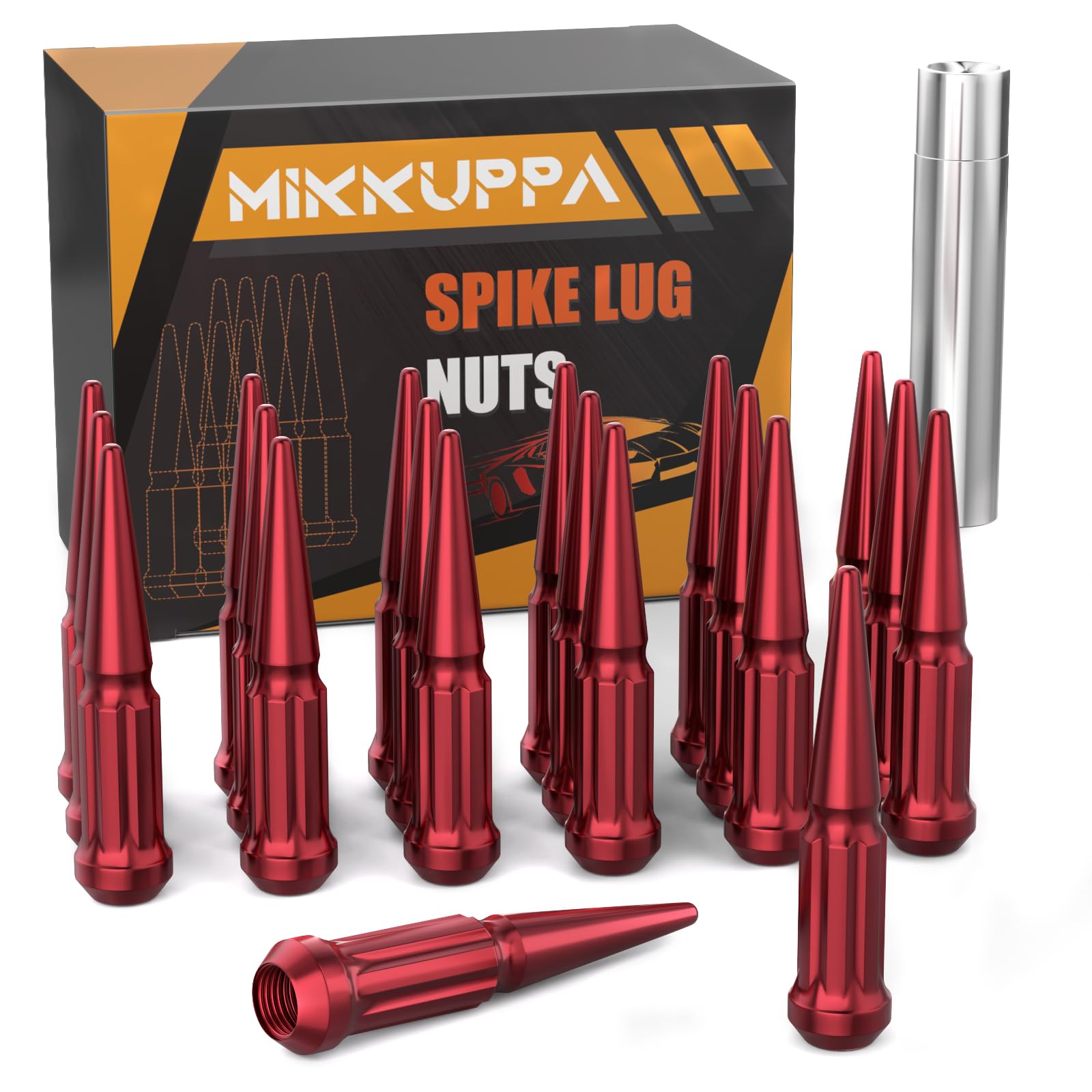 MIKKUPPA 1/2-20 Wheel Spike Lug Nuts, 20pcs Red Spike Lug Nuts 1/2x20 Solid 4.4" Tall Acorn Lug Nut with 1 Socket Key Replacement for Jeep Wrangler Cherokee Liberty