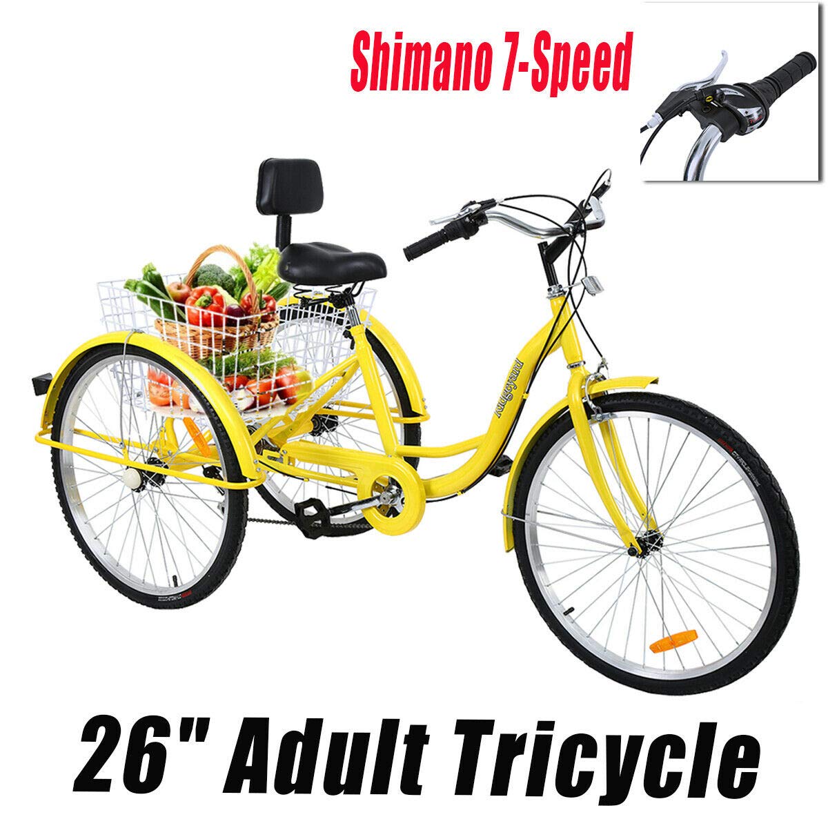 Iglobalbuy Adult Tricycles 26 Inch 7 Speed 3 Wheel Bikes for Adult Tricycle Trike Cruise Bike Large Size Basket for Recreation, Shopping