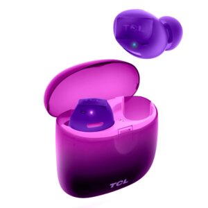 tcl socl500tws wireless earbuds with pumping bass, type-c charging case 26h playtime, bluetooth 5.0, secure fit, waterproof, noise isolation, one step pairing for gym - sunset violet