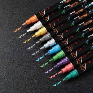 INK LAB Metallic Marker Pens Dual Tip 10 Colors Metallic Pens for Card Making Rock Painting Album Scrapbook Metal Wood Ceramic Glass, Medium & Brush Tip