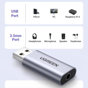 UGREEN USB to Audio Jack USB External Sound Card 3.5mm Audio Adapter 2 in 1 USB A to Aux TRRS Headphone Adapter Microphone Stereo Jack Aluminum Compatible with PS5 PC Windows Mac Linux Laptop Desktop