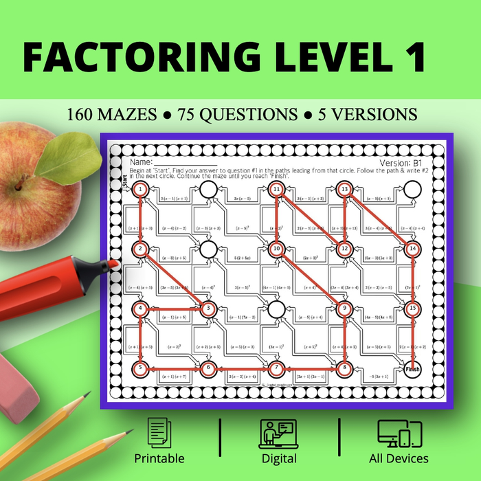 Algebra: Factoring Level 1 Maze Activity Sets