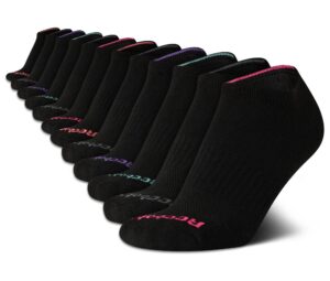 reebok women's no show athletic breathable low cut cushioned socks (12 pack), size 4-10, solid black
