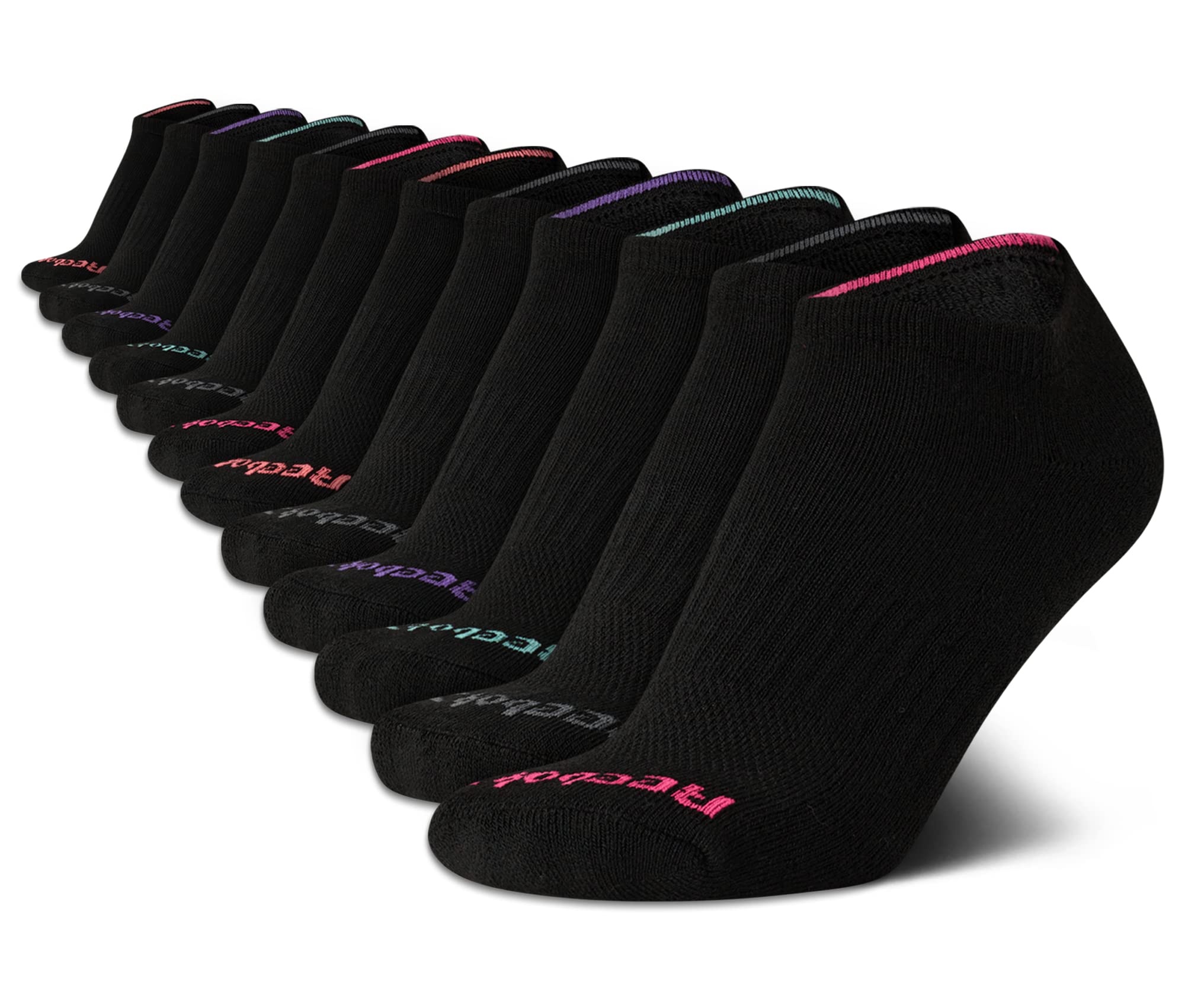 Reebok Women's No Show Athletic Breathable Low Cut Cushioned Socks (12 Pack), Size 4-10, Solid Black