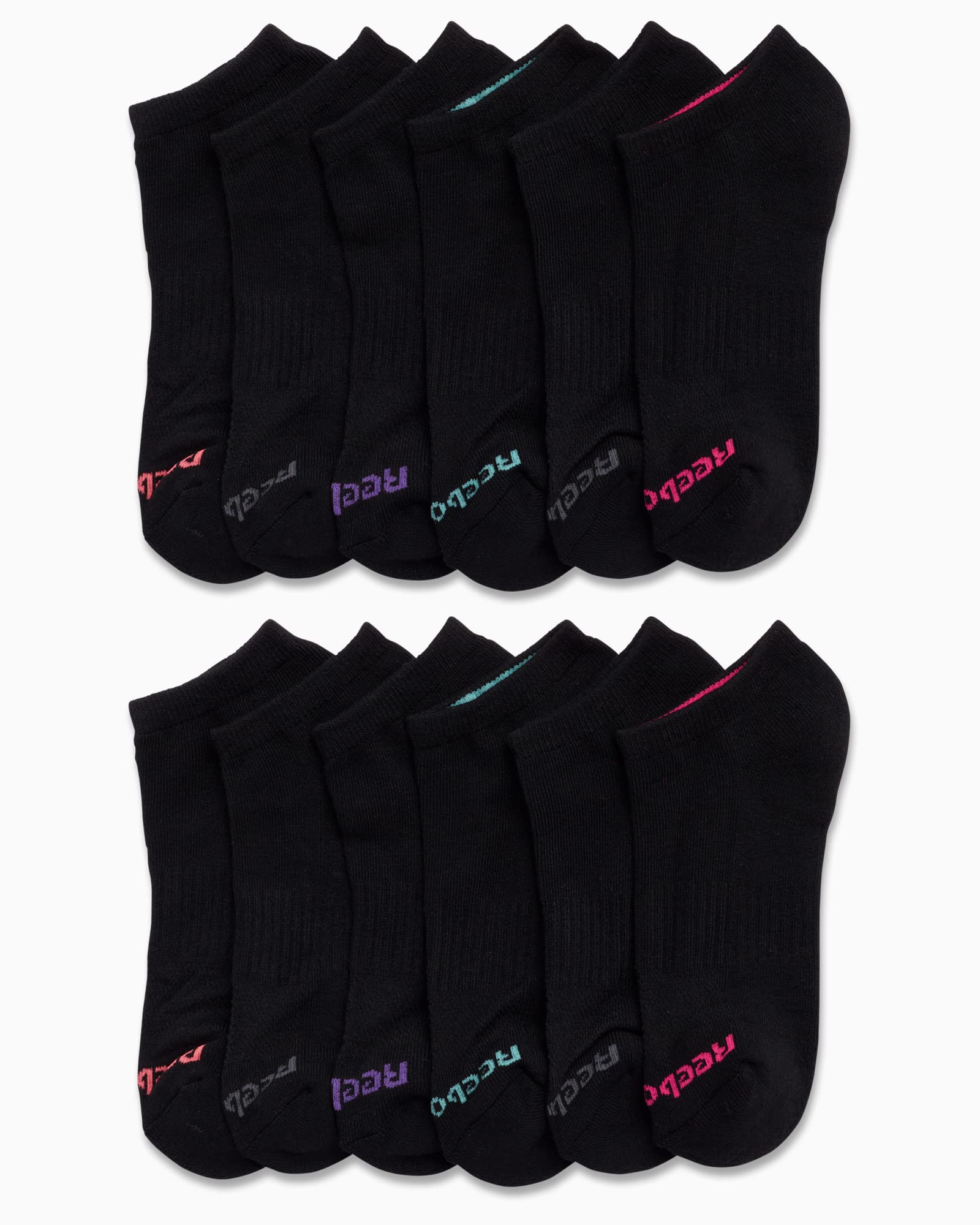 Reebok Women's No Show Athletic Breathable Low Cut Cushioned Socks (12 Pack), Size 4-10, Solid Black