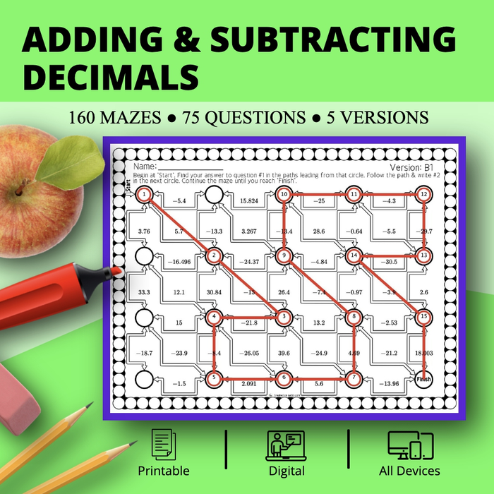 Adding & Subtracting Decimals Maze Activity Sets