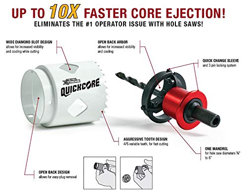 Disston QuickCore 7 pc Set - 1 Each: 1", 1-1/4", 1-1/2", 1-3/4", 2", and 2-1/2" Hole saws, Arbor with a Pilot Drill bit, Hex Key