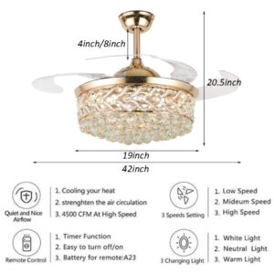 FANRYO 42"LED Crystal Invisible Ceiling Fan with Lights and Remote , Adjustable Tri-color Lighting Tri-Wind Speed Silent Motor Indoor Chandelier Lighting Fandelier for Livingroom Bedroom (42''-gold)