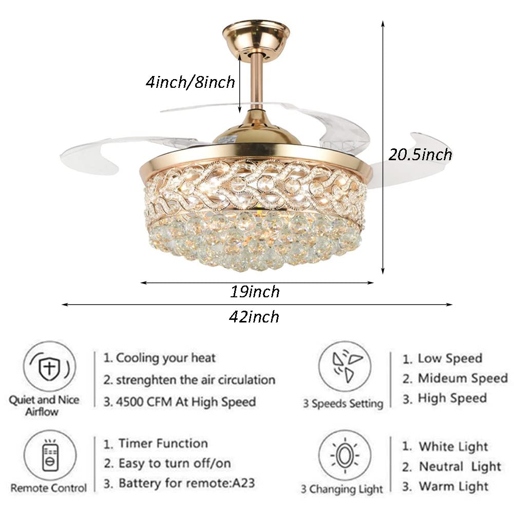 FANRYO 42"LED Crystal Invisible Ceiling Fan with Lights and Remote , Adjustable Tri-color Lighting Tri-Wind Speed Silent Motor Indoor Chandelier Lighting Fandelier for Livingroom Bedroom (42''-gold)