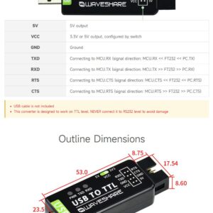 waveshare Industrial USB to TTL Converter with Original FT232RNL Onboard and Multi Protection Circuits Support Multi Systems Support Win7/8/8.1/10/11, Mac, Linux, Android, Wince