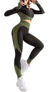 olchee women's 2 piece tracksuit workout set - leggings and crop top green xl