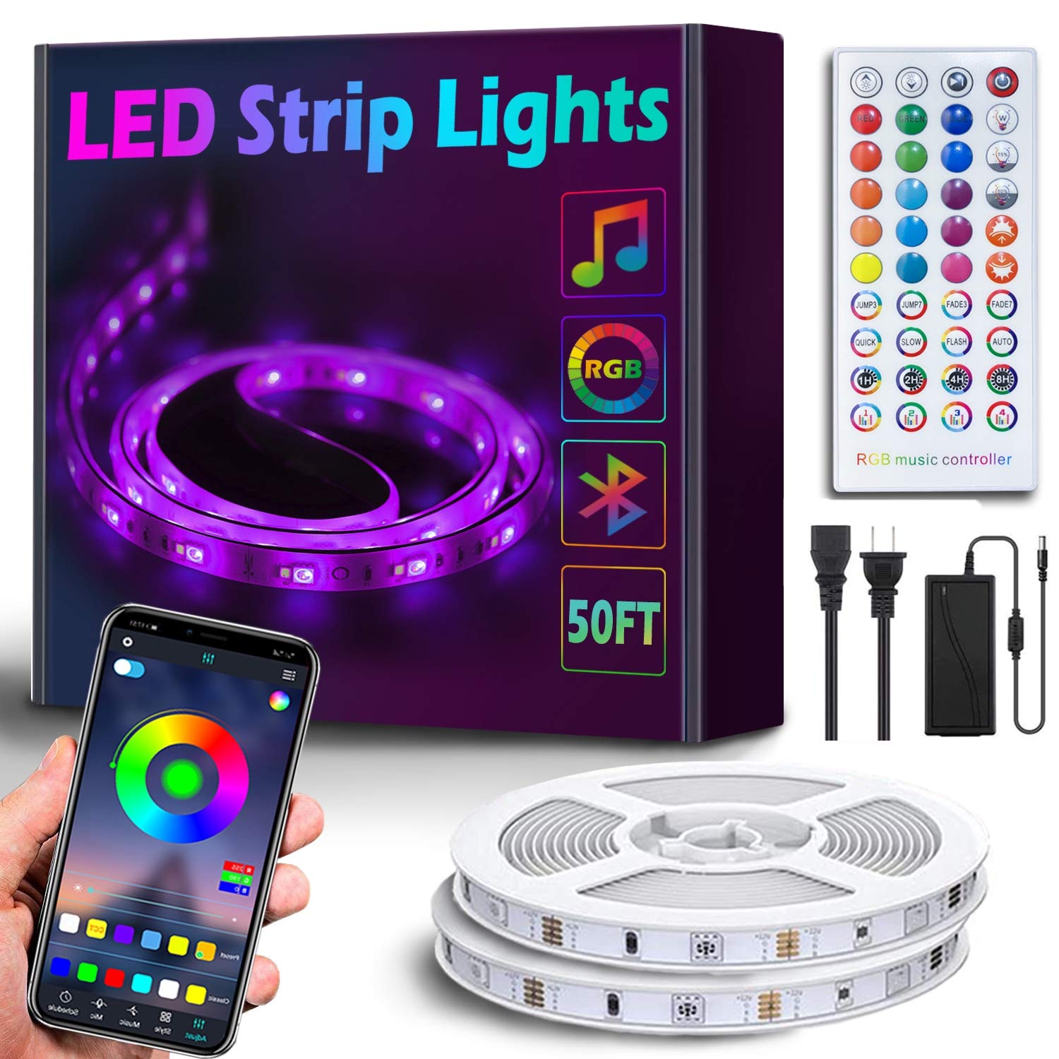 50Ft/15M Bluetooth RGB LED Strip Lights - Music Sync LED Light Strip Controlled by Smart Phone APP - 450LEDs RGB LED Light Strips Full Kit with Remote Controller for Party, Living Room