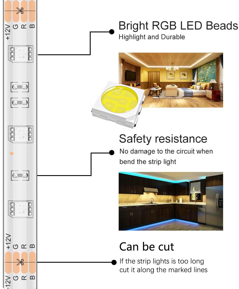 50Ft/15M Bluetooth RGB LED Strip Lights - Music Sync LED Light Strip Controlled by Smart Phone APP - 450LEDs RGB LED Light Strips Full Kit with Remote Controller for Party, Living Room