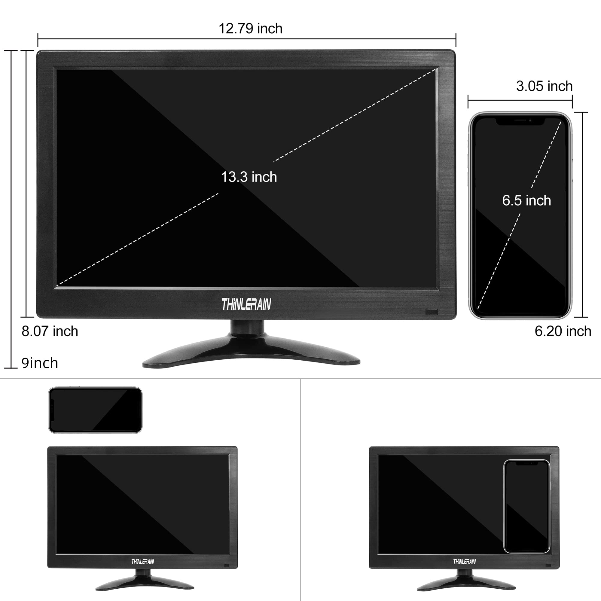 Thinlerain 13.3 inch Small PC Monitor Mini Monitor HDMI Monitor 1366x768 LED Monitor with HDMI VGA AV BNC USB Intput, for Fire Stick Computer Xbox Ras pi, Kitchen Monitor, Built-in Speaker