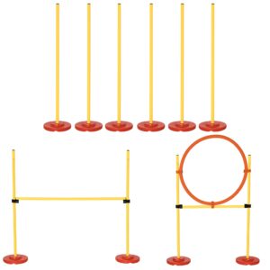 pawhut 3pcs dog agility training equipment, outdoor obstacle course starter kit with hoop, hurdle, weave poles and carrying bag