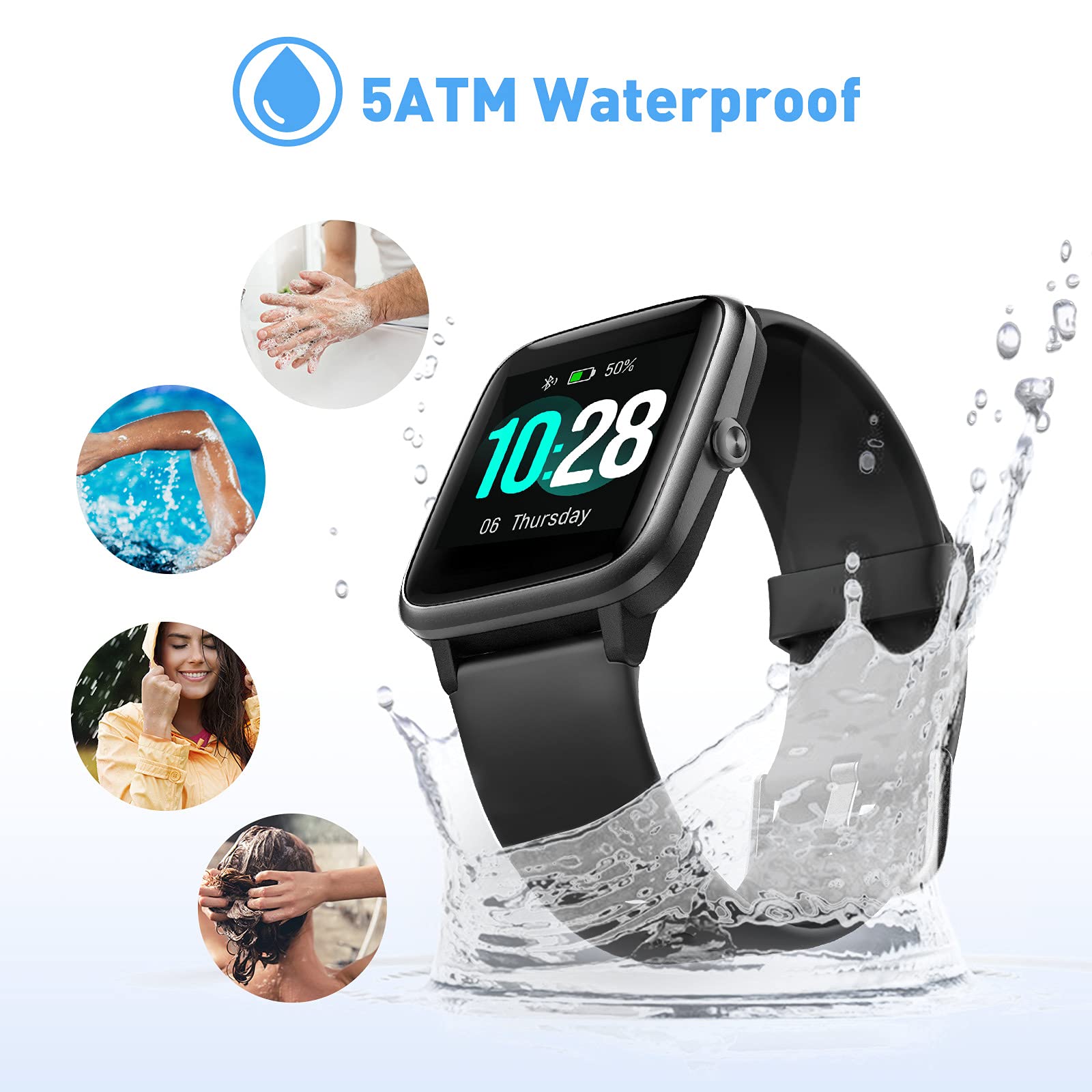 HAFURY Smart Watch Activity Fitness Tracker Watch, Compatible with Android and iOS Phone, Bluetooth Smartwatch with Heart Rate Monitor IP68 Waterproof, Step Sleep Tracker, for Men Women Kids, Black