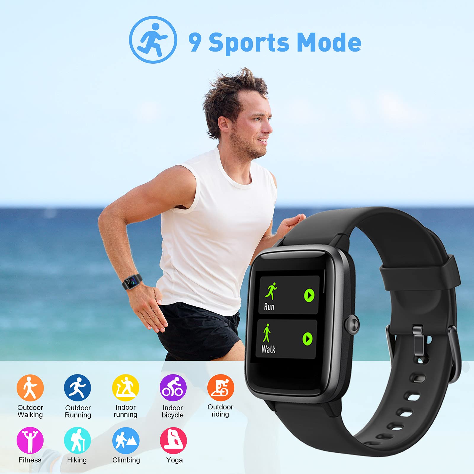 HAFURY Smart Watch Activity Fitness Tracker Watch, Compatible with Android and iOS Phone, Bluetooth Smartwatch with Heart Rate Monitor IP68 Waterproof, Step Sleep Tracker, for Men Women Kids, Black