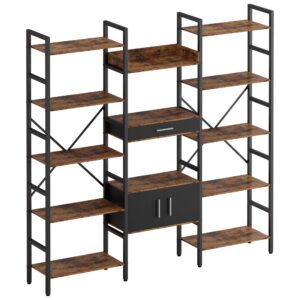ironck bookcase and bookshelf 5 tier display shelf, metal and wood bookshelves cabinet and drawer storage, freestanding multifunctional decorative shelving for home office, vintage brown