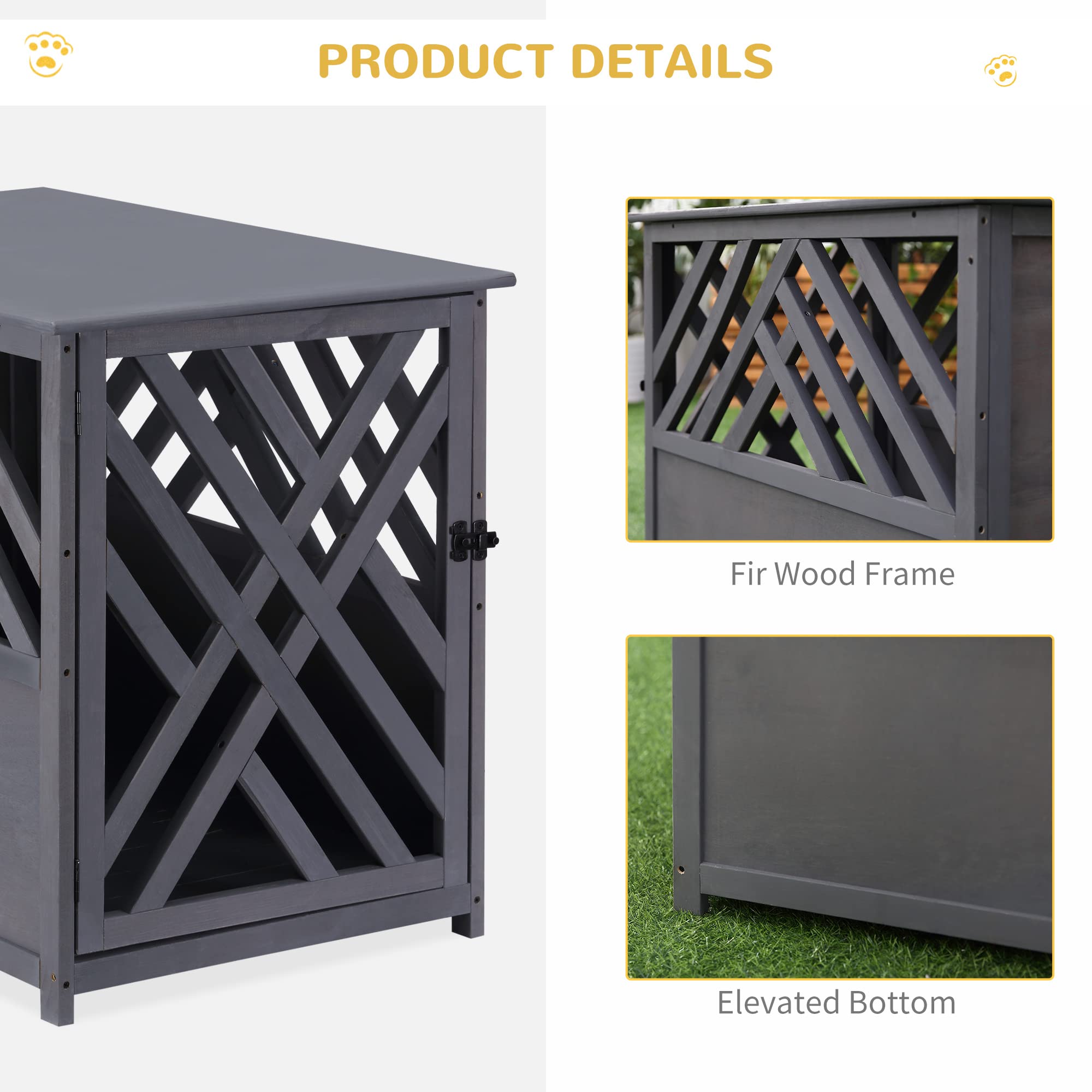 PawHut Furniture Style Wood Dog Crate End Table Decorative Dog Cage Kennel Lattice Night Stand with Lockable Door, Grey