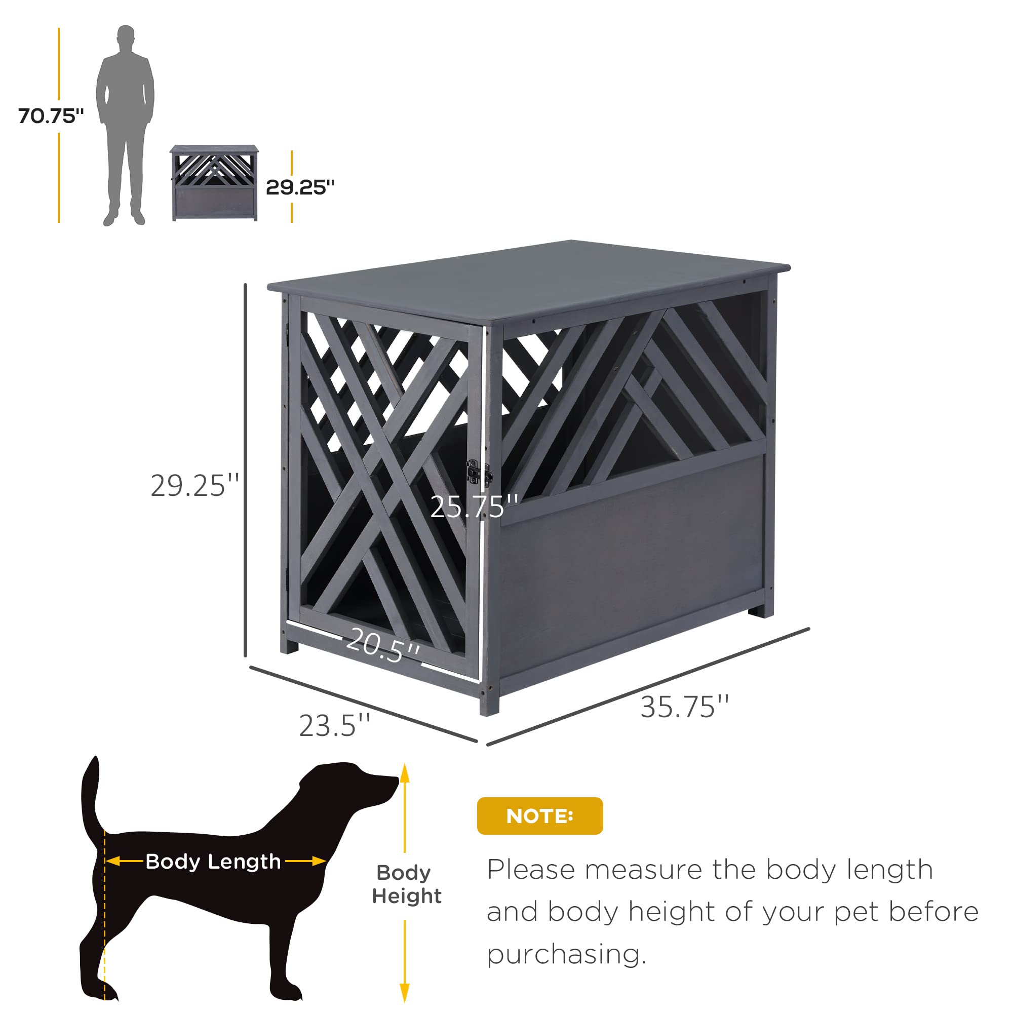 PawHut Furniture Style Wood Dog Crate End Table Decorative Dog Cage Kennel Lattice Night Stand with Lockable Door, Grey