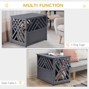 PawHut Furniture Style Wood Dog Crate End Table Decorative Dog Cage Kennel Lattice Night Stand with Lockable Door, Grey