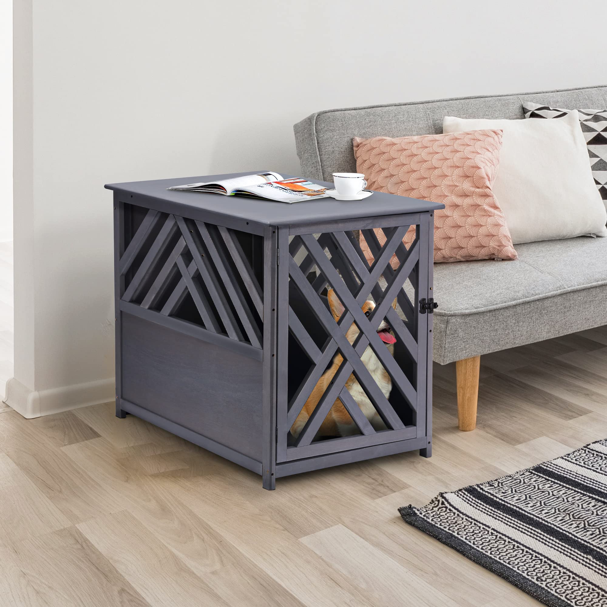 PawHut Furniture Style Wood Dog Crate End Table Decorative Dog Cage Kennel Lattice Night Stand with Lockable Door, Grey
