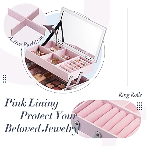 FRENESSA Jewelry Box Makeup Travel Case Storage Jewelry Organizer Case Lockable with Keys and Mirror for Cosmetic Makeup Brushes Toiletry Jewelry Nail Polish Vintage for Women and Girl - Shiny Pink