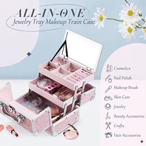 FRENESSA Jewelry Box Makeup Travel Case Storage Jewelry Organizer Case Lockable with Keys and Mirror for Cosmetic Makeup Brushes Toiletry Jewelry Nail Polish Vintage for Women and Girl - Shiny Pink