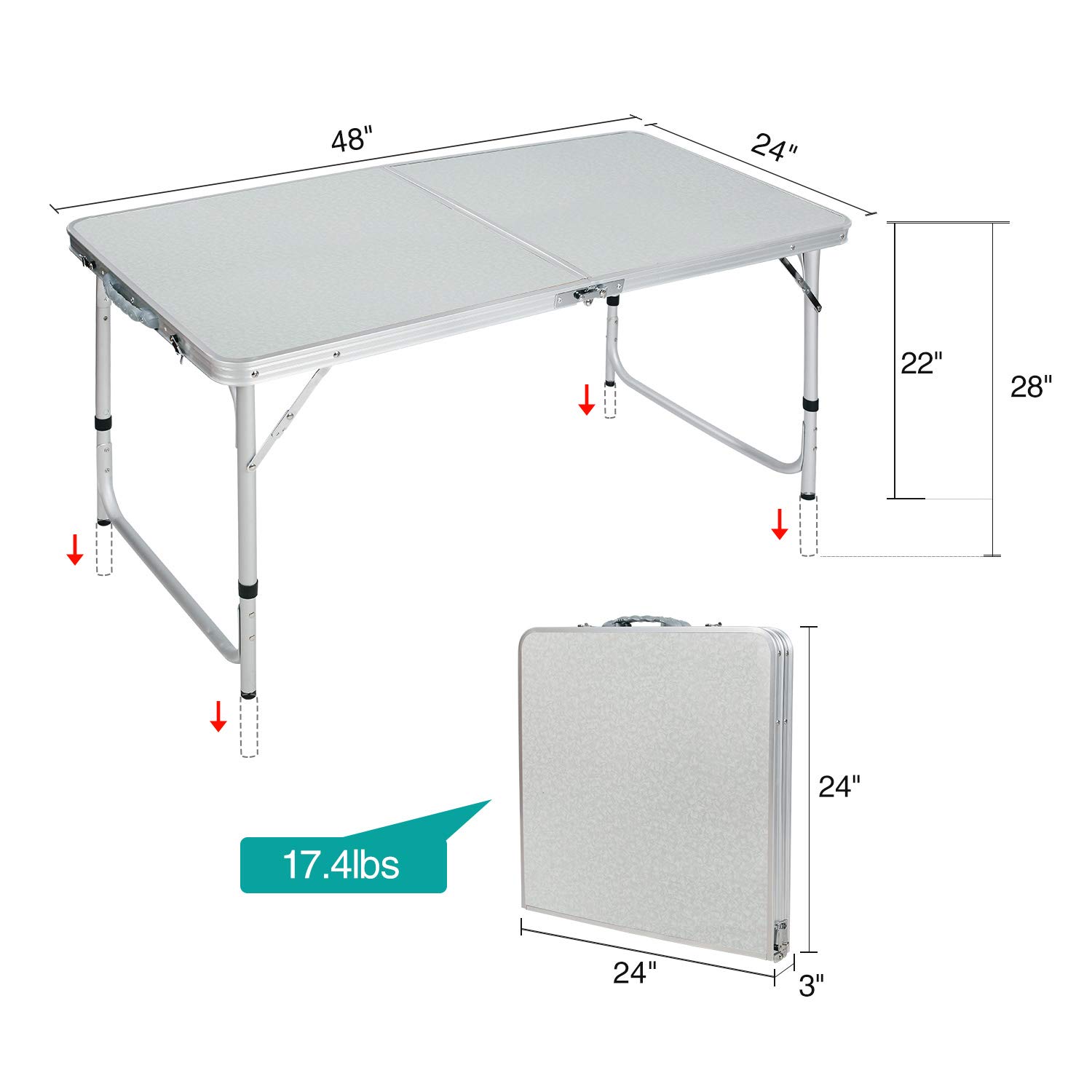 CAMPMOON Folding Camping Table 4 Foot, Lightweight Portable Aluminum Folding Table with Adjustable Legs, Great for Outdoor Cooking Picnic, White