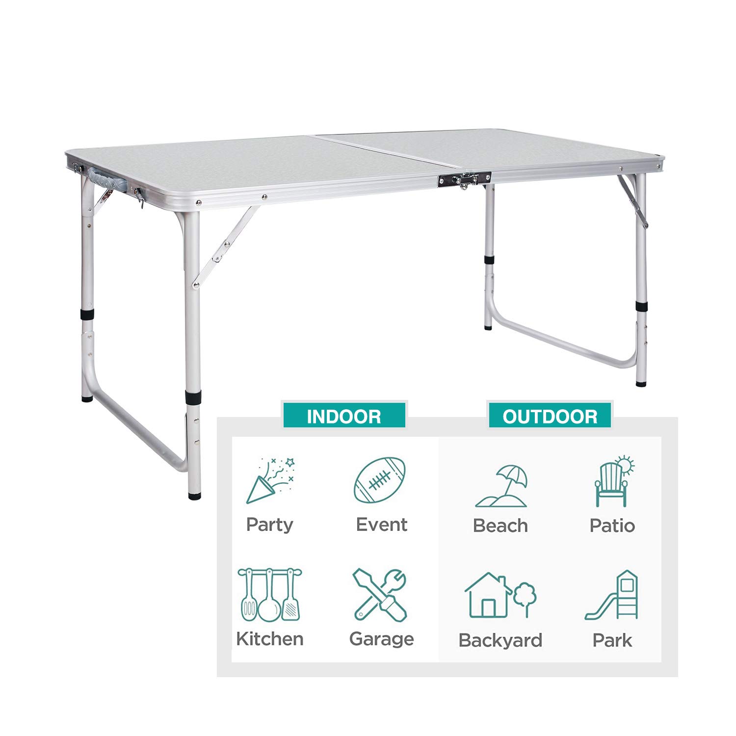 CAMPMOON Folding Camping Table 4 Foot, Lightweight Portable Aluminum Folding Table with Adjustable Legs, Great for Outdoor Cooking Picnic, White