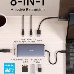 Anker 555 USB-C Hub (8-in-1), with 100W Power Delivery, 4K 60Hz HDMI Port, 10Gbps USB C and 2 A Data Ports, Ethernet microSD SD Card Reader, for MacBook Pro More