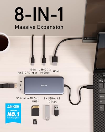 Anker 555 USB-C Hub (8-in-1), with 100W Power Delivery, 4K 60Hz HDMI Port, 10Gbps USB C and 2 A Data Ports, Ethernet microSD SD Card Reader, for MacBook Pro More