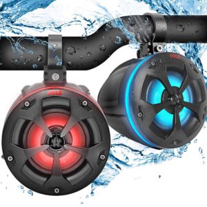 Pyle 2-Way Dual Waterproof Off-Road Speakers - 4" 800W Marine Grade Wakeboard Tower Speakers System w/RGB Lights & Remote, Full Range Outdoor Audio Stereo Speaker for ATV/UTV, Jeep, Boat PLUTV44BTR