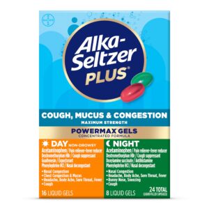 alka-seltzer plus maximum strength, cough mucus & congestion, day+night powermax liquid gels - fast-acting cough and congestion medicine for adults and children 12 years and older, 24 count