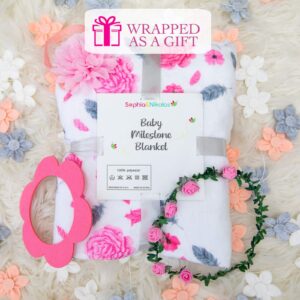 Sophia&Nikolas Baby Monthly Milestone Blanket | Includes Floral Wreath & Headband | 1 to 12 Months | Premium Extra Soft Fleece | Best Photography Backdrop| Mothers Day | Baby Girl