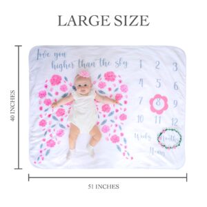 Sophia&Nikolas Baby Monthly Milestone Blanket | Includes Floral Wreath & Headband | 1 to 12 Months | Premium Extra Soft Fleece | Best Photography Backdrop| Mothers Day | Baby Girl